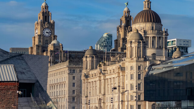 The Liverpool waterfront, with the Royal Liver Building and the Museum of Liverpool